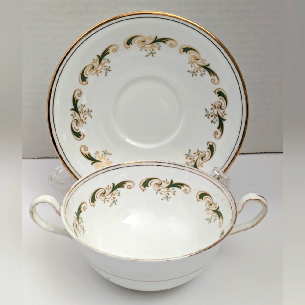60's Harleigh Bone China Vintage White and Green Soup Bowl w Handles & Saucer